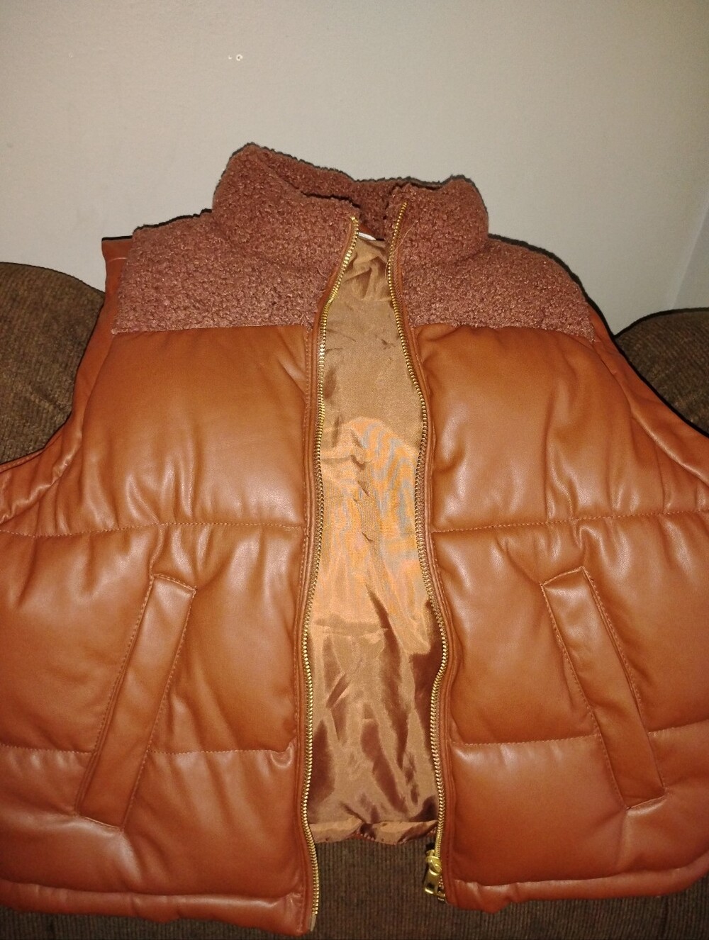 Maurices Tan/Brown Puffer Vest with Sherpa Yoke